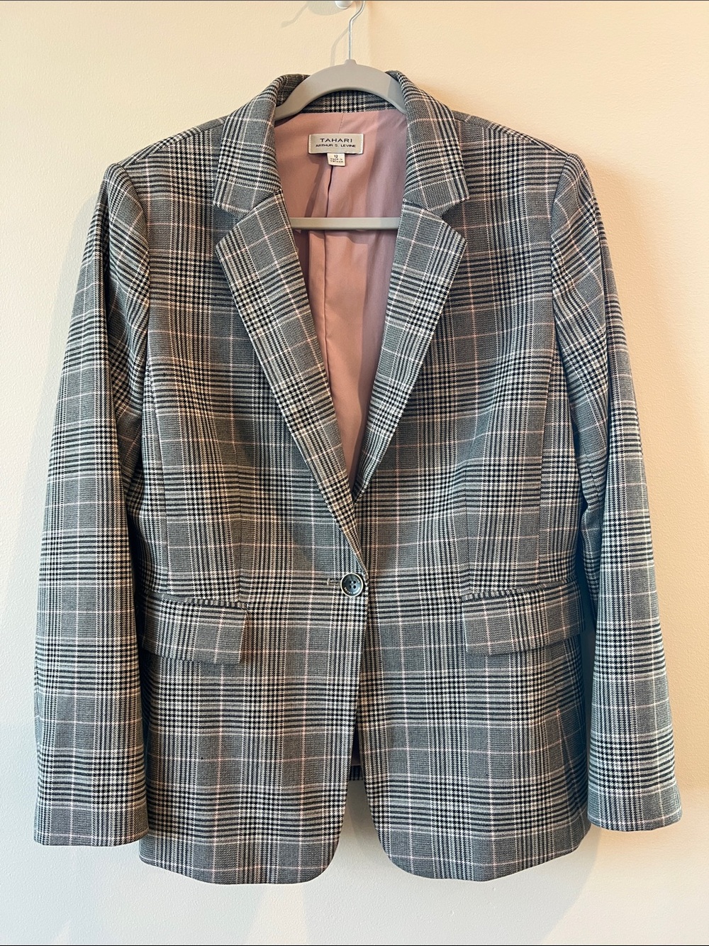Tahari Gray Plaid Blazer with Pink Lining women 12 office business